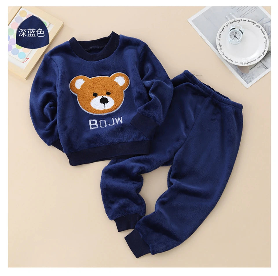 Kids Flannel Pajamas 2Pcs Warm Coral Fleece Sleepwear