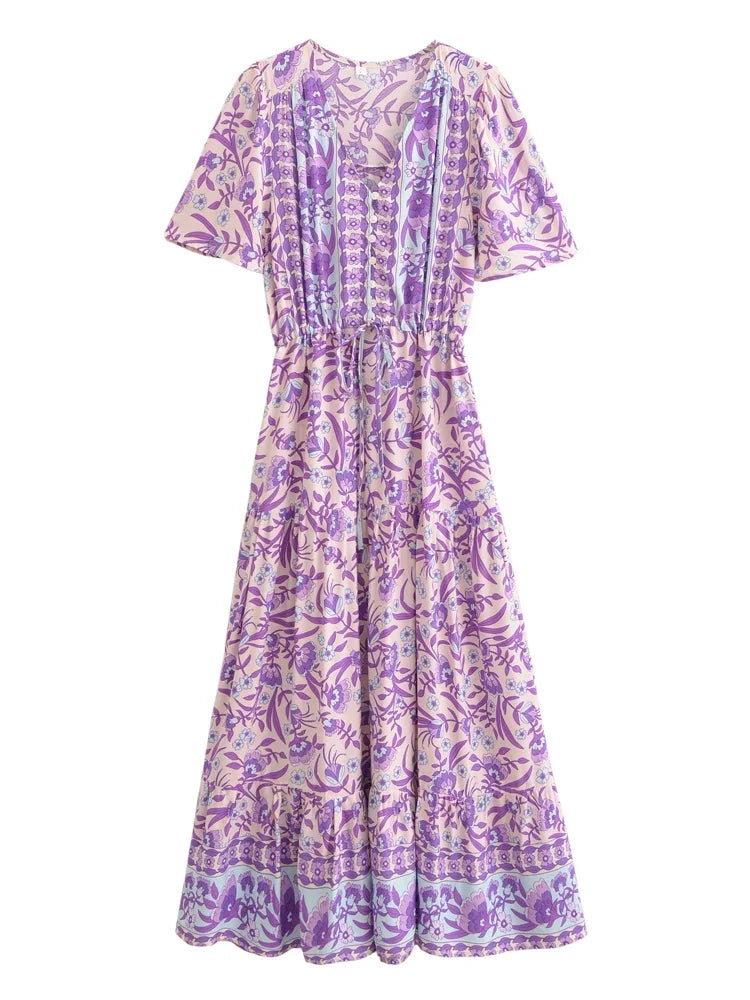 Bohemian Maxi Dress Floral Print Tie Neck Beach Dress