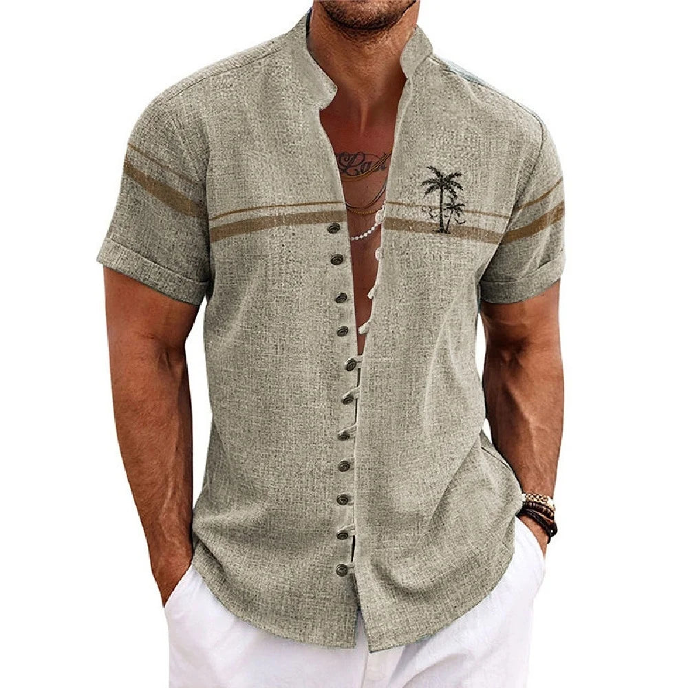 Men Linen Shirt Short Sleeve Retro Ethnic Print Shirt