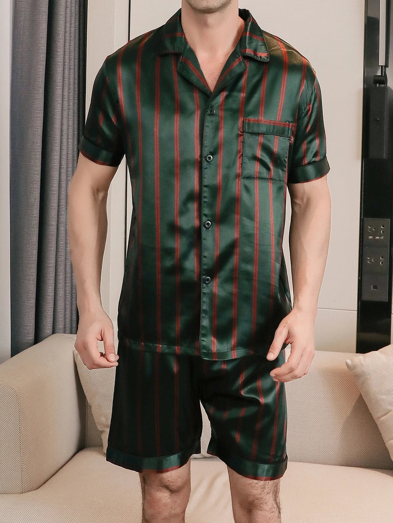 Men Pajama Set Two Piece Striped Short Sleeve Sleepwear