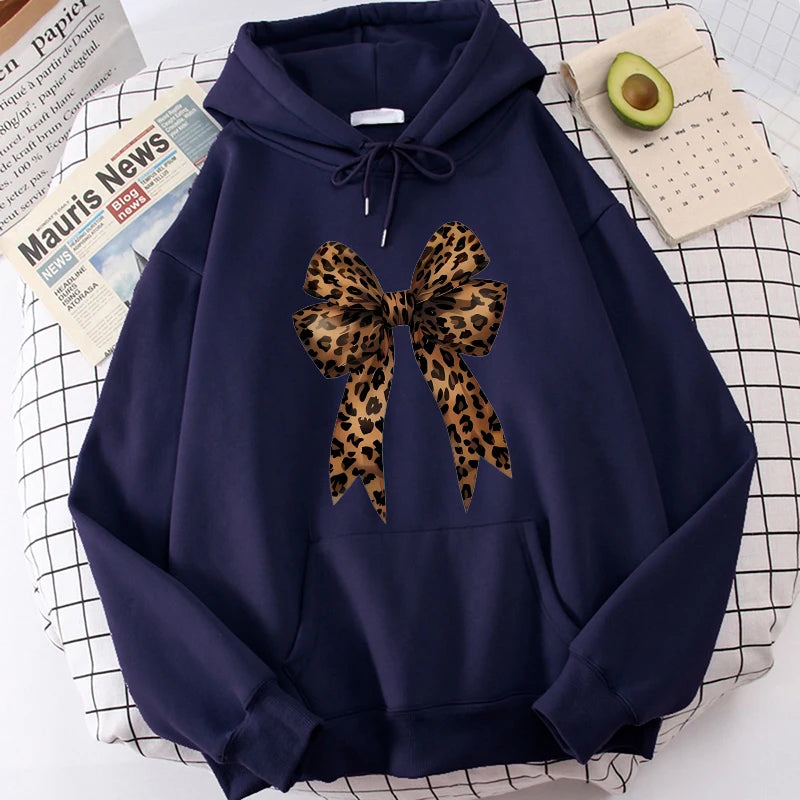 Leopard Print Hoodie Bow Heart Love Graphic Pullover
