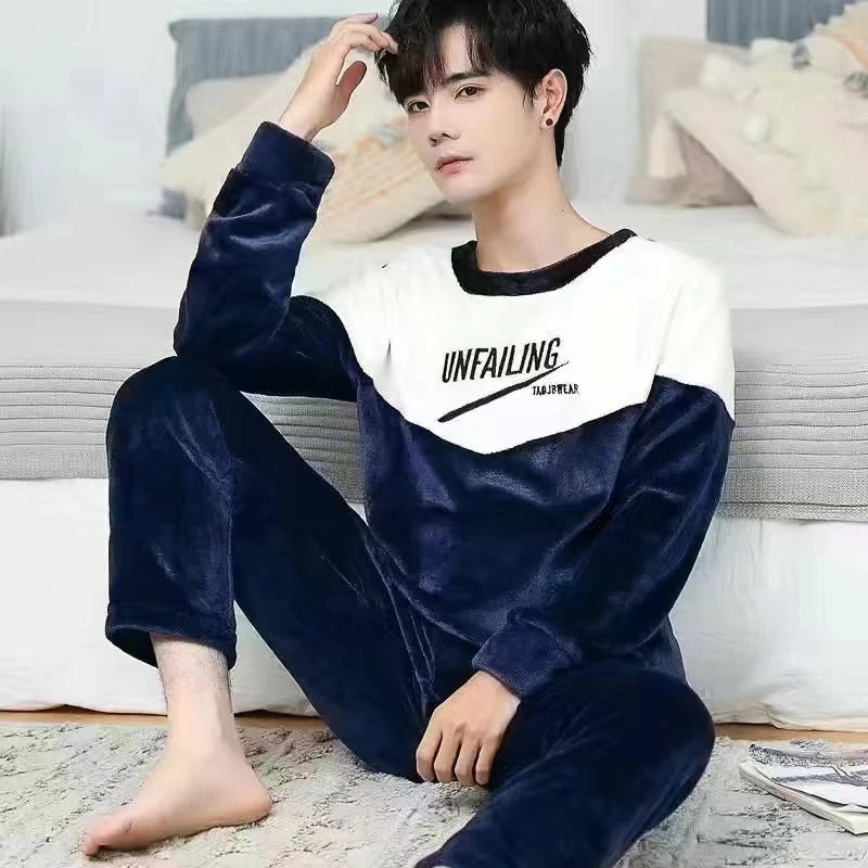 Men Coral Fleece Sleepwear 2 Piece Long Sleeve Pajama Set