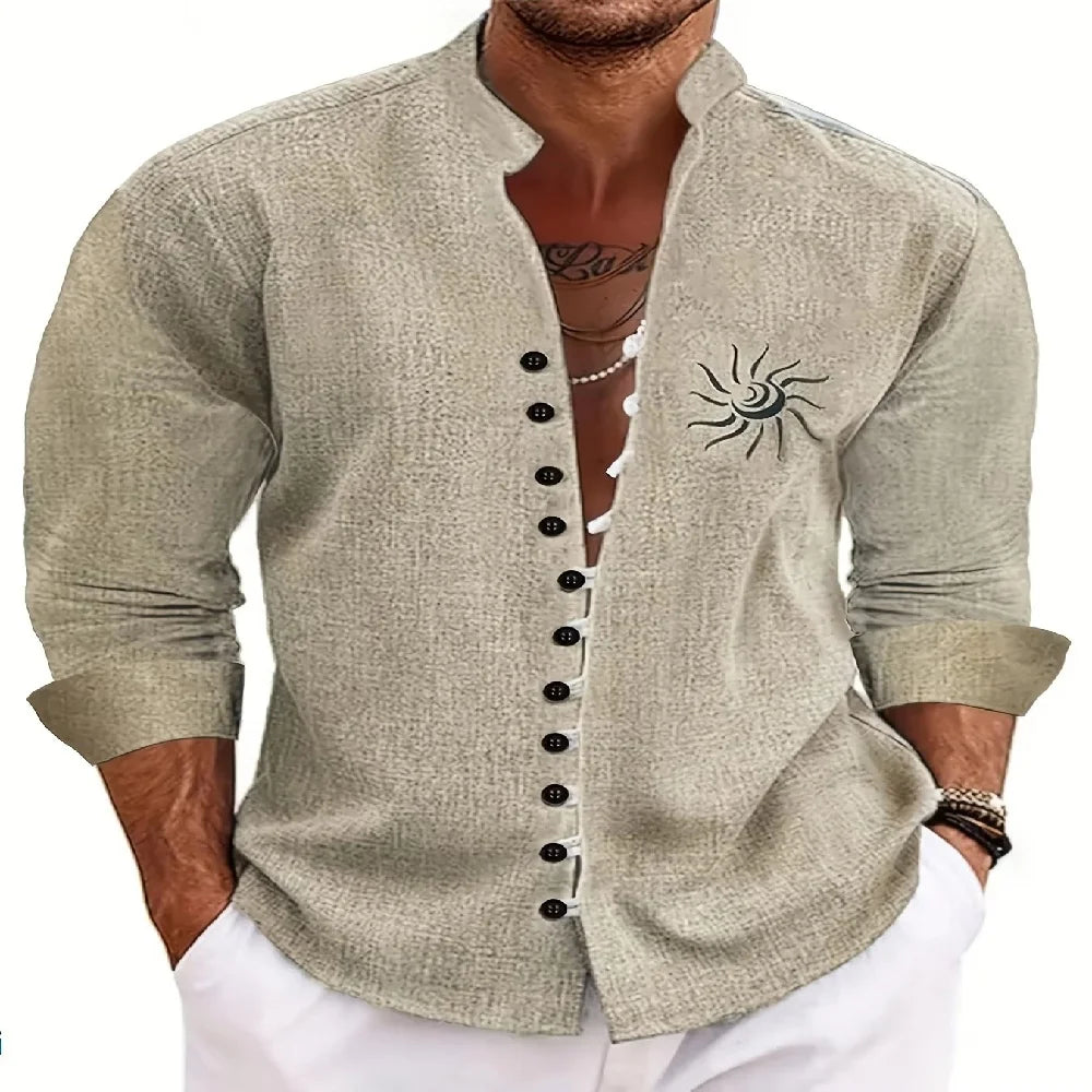 Men Linen Shirt Short Sleeve Retro Ethnic Print Shirt
