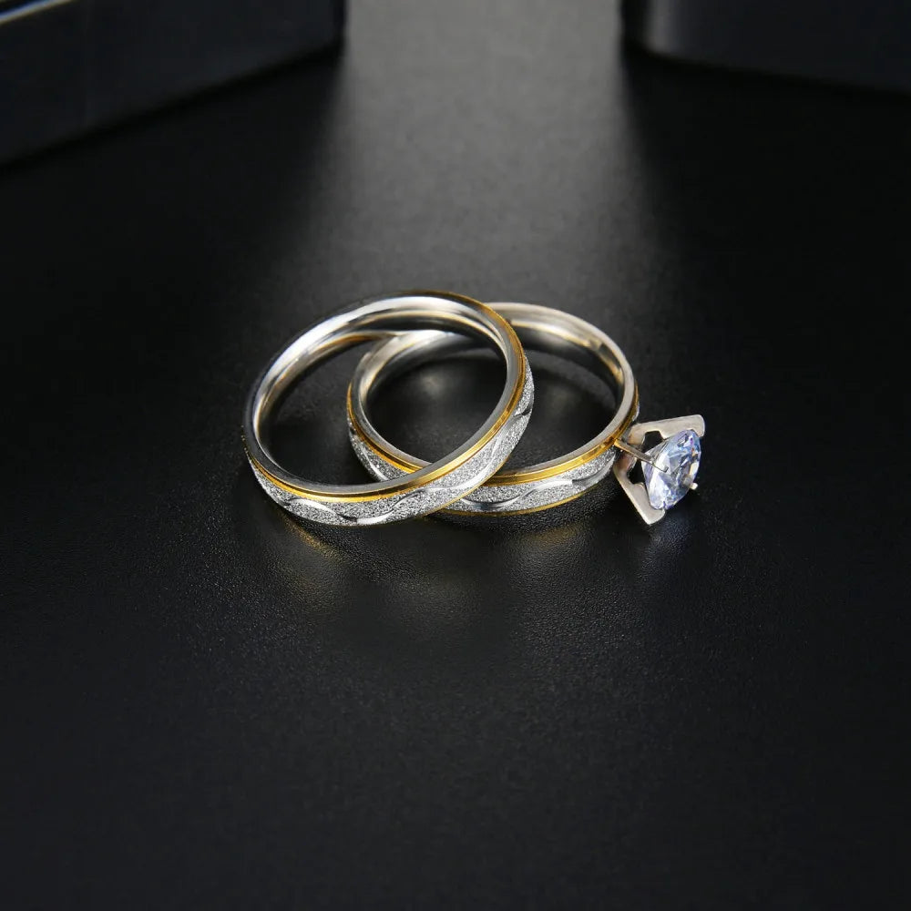 Couple Rings Zircon Women Ring and Stainless Steel Men Ring Set