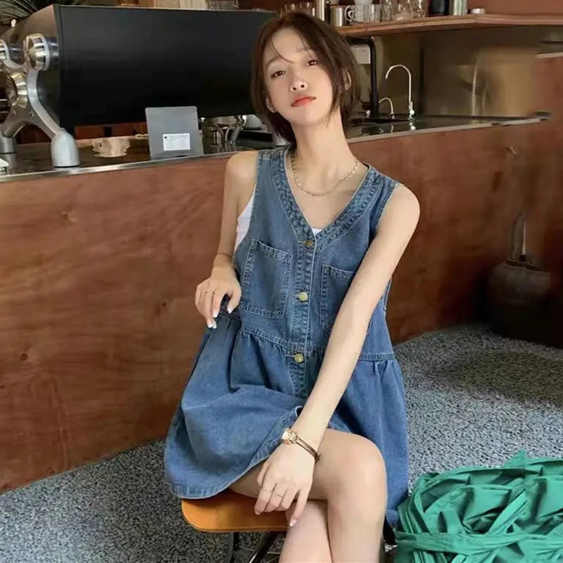 Denim Mini Dress Sleeveless A-Line Korean Style Dress