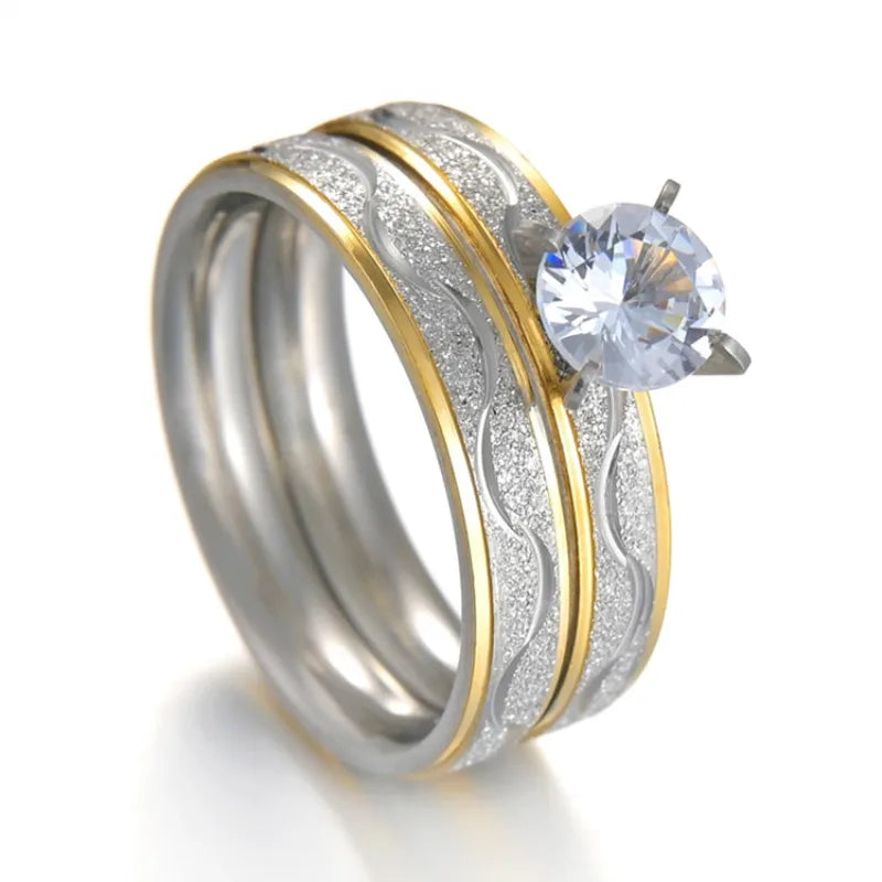 Couple Rings Zircon Women Ring and Stainless Steel Men Ring Set