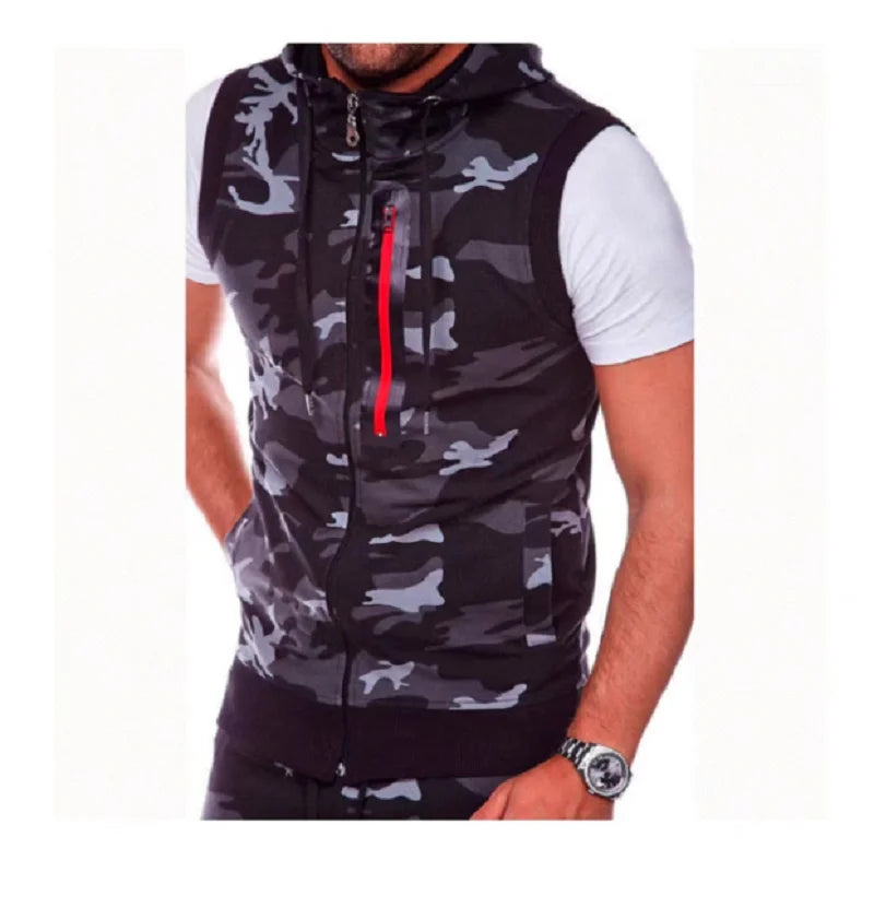 Men Sleeveless Hooded Vest Zipper Streetwear Cardigan