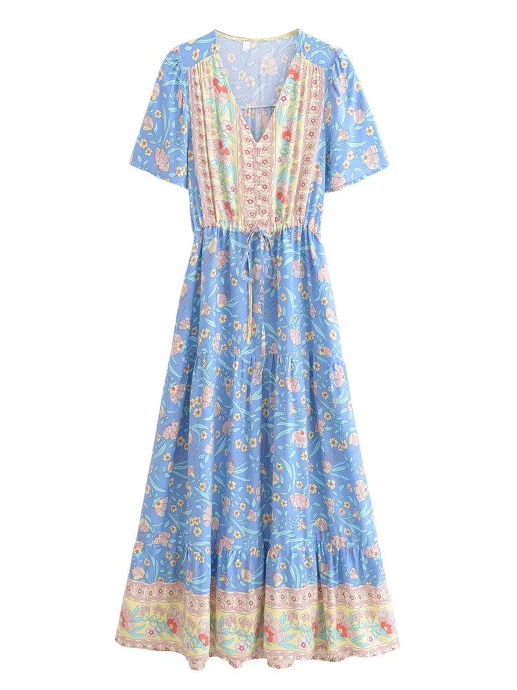 Bohemian Maxi Dress Floral Print Tie Neck Beach Dress