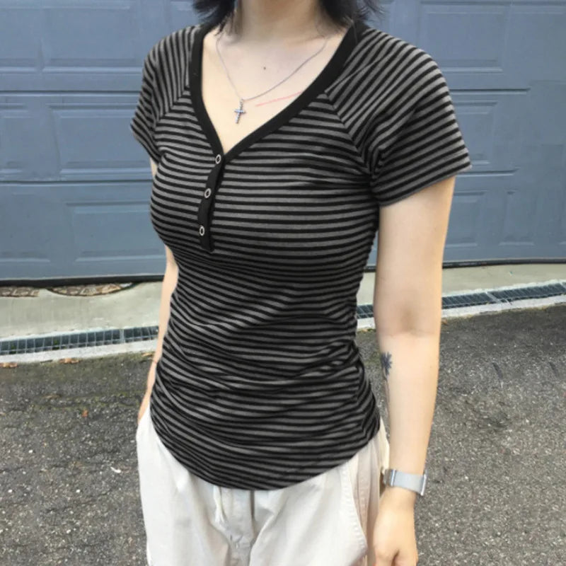 Goth T-Shirt Striped V-Neck Button-Up Slim Top