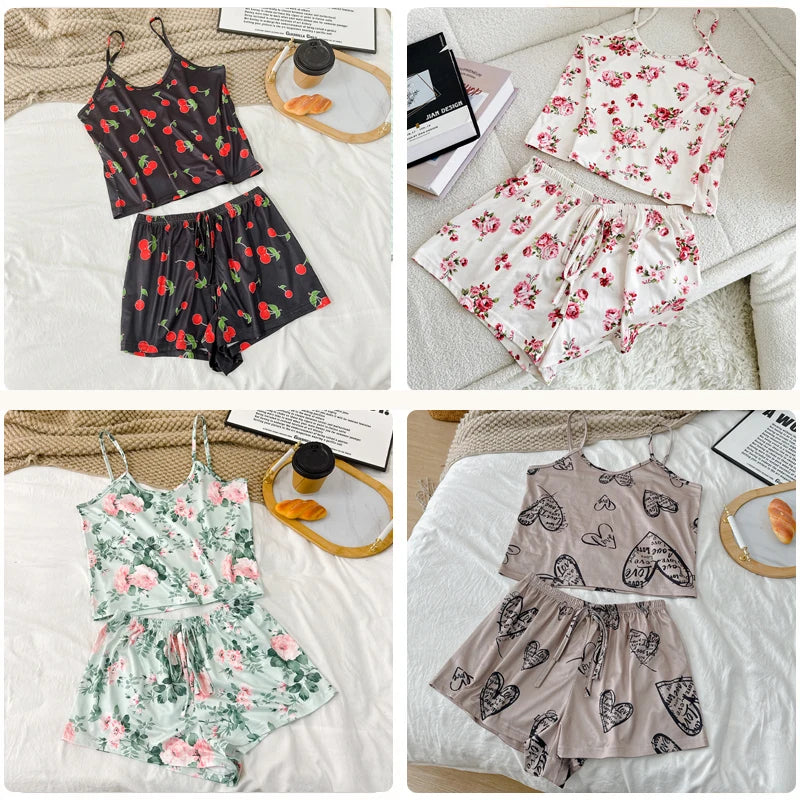 Printed Cami Pajama Set Sleeveless Top and Shorts Sleepwear