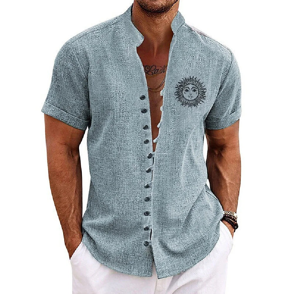 Men Linen Shirt Short Sleeve Retro Ethnic Print Shirt
