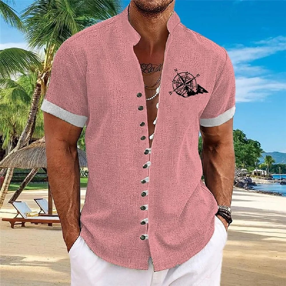 Men Linen Shirt Short Sleeve Retro Ethnic Print Shirt