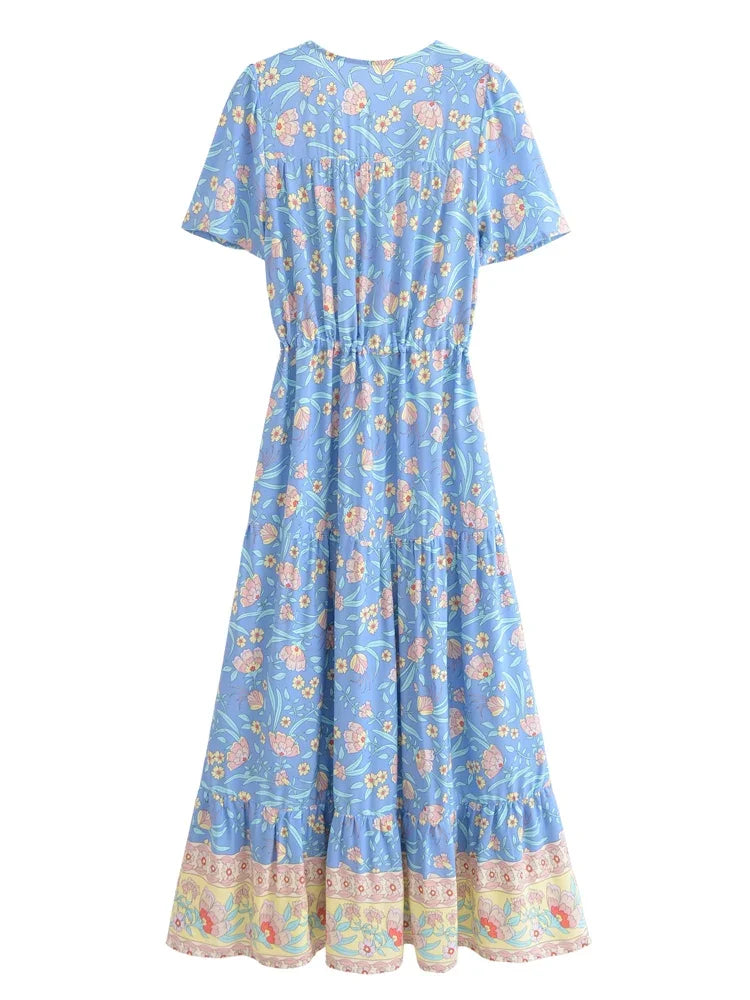 Bohemian Maxi Dress Floral Print Tie Neck Beach Dress