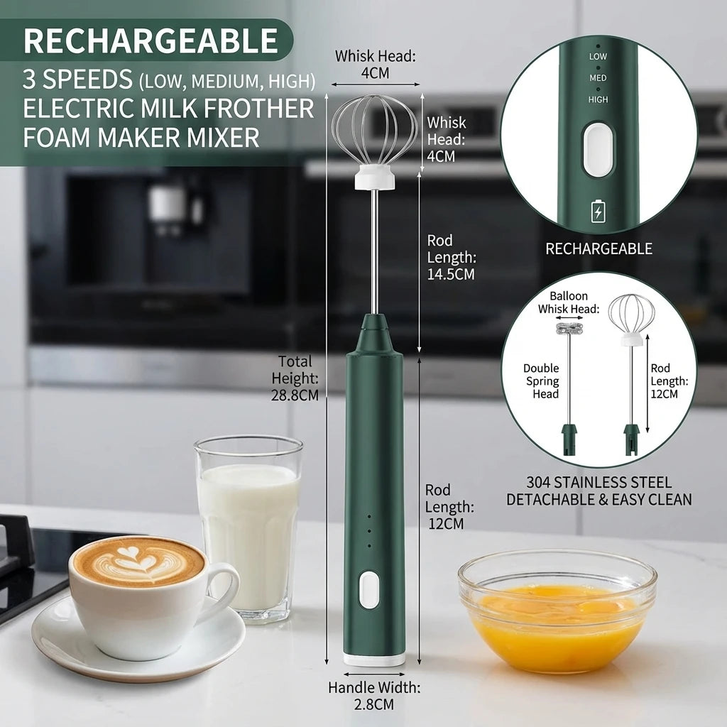 Electric Milk Frother USB Rechargeable 3 Speeds Foam Maker