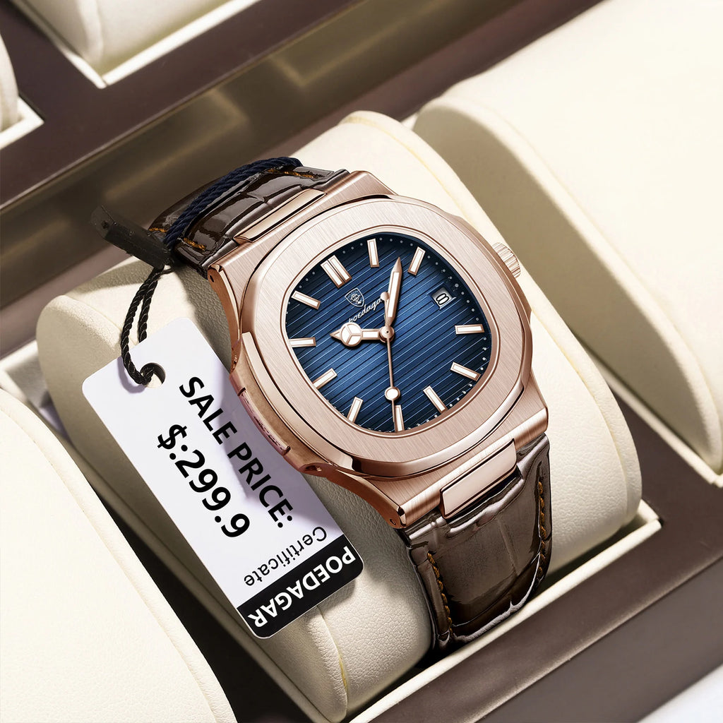 Men Leather Watch Square Waterproof Luminous Quartz Watch