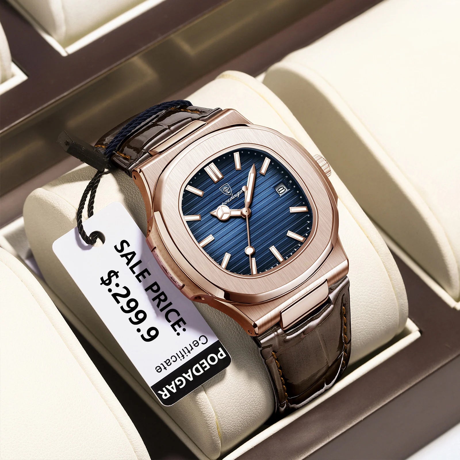 Men Leather Watch Square Waterproof Luminous Quartz Watch