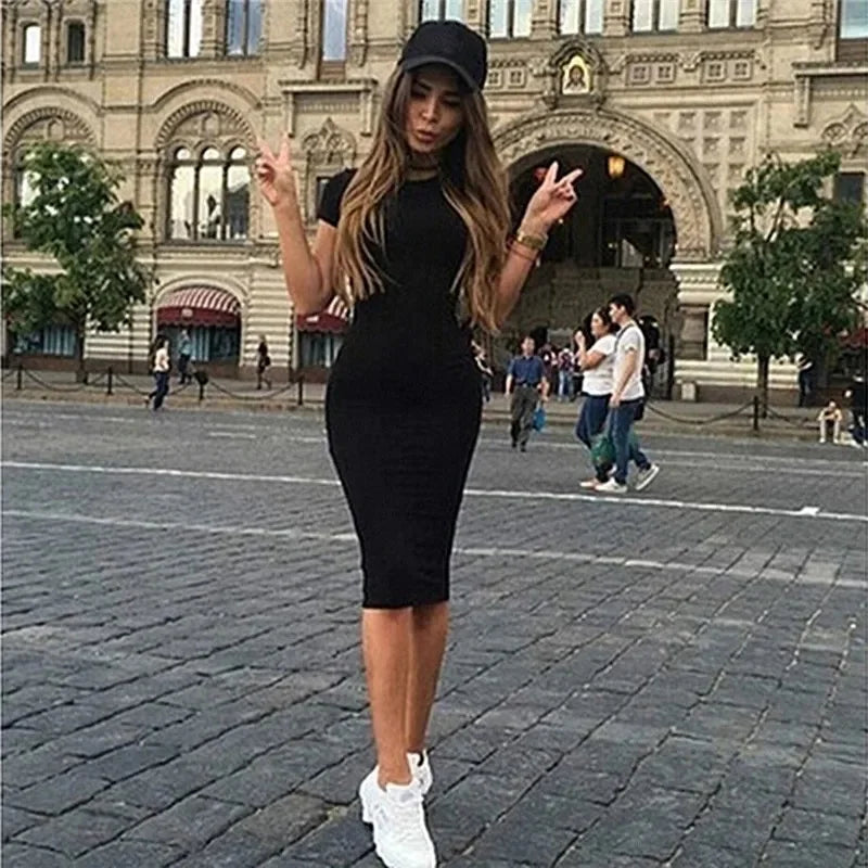 Bodycon Sheath Dress Shiny Short Sleeve Summer Dress