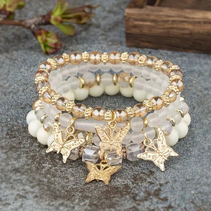 Butterfly Beaded Bracelet Set 4Pcs Pink Acrylic Beads for Women