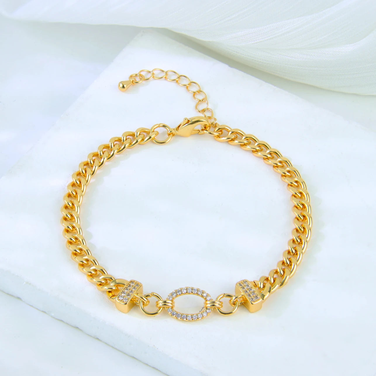Dubai Fashion Bracelet 21K Gold Plated Zirconia Cuban Chain