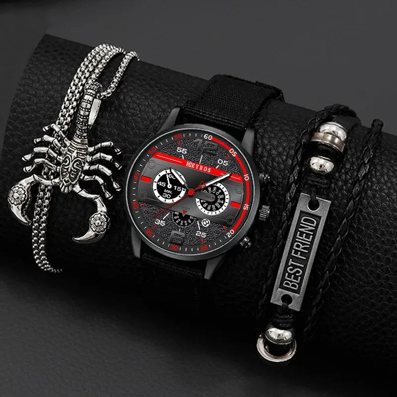 Mens Watch Set 3PCS Quartz Watch Necklace and Bracelet