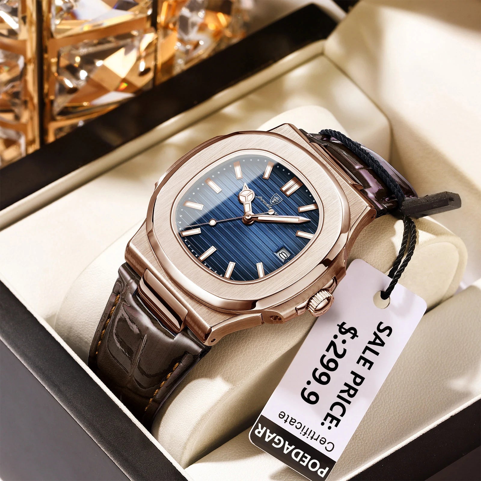 Men Leather Watch Square Waterproof Luminous Quartz Watch