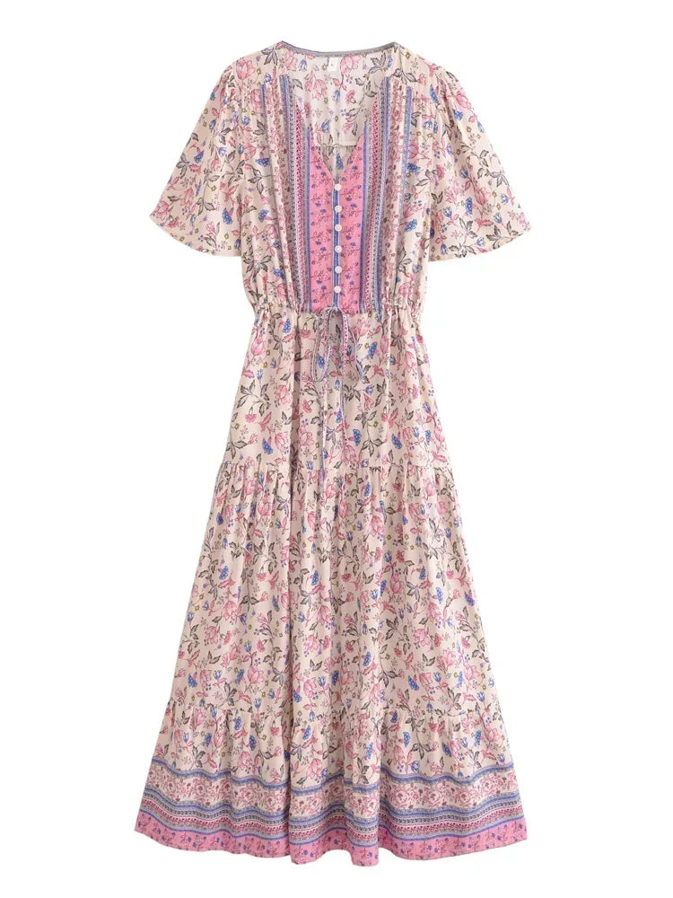 Bohemian Maxi Dress Floral Print Tie Neck Beach Dress