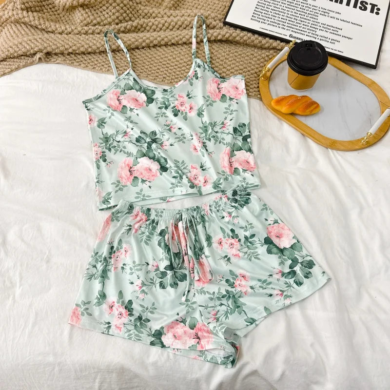 Printed Cami Pajama Set Sleeveless Top and Shorts Sleepwear