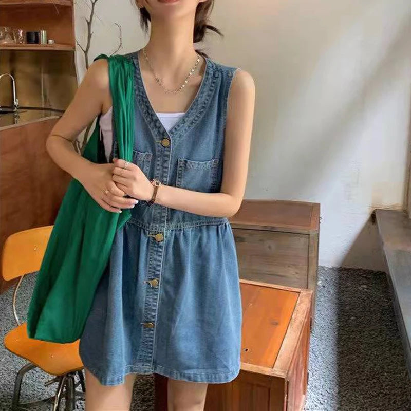 Denim Mini Dress Sleeveless A-Line Korean Style Dress