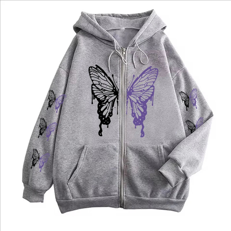 Butterfly Zipper Hoodie Women Purple Graphic Fleece Coat
