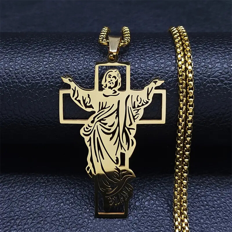 HIP HOP STAINLESS STEEL JESUS RELIGIOUS CROSS PENDANT & 24" ROLO CHAIN NECKLACE