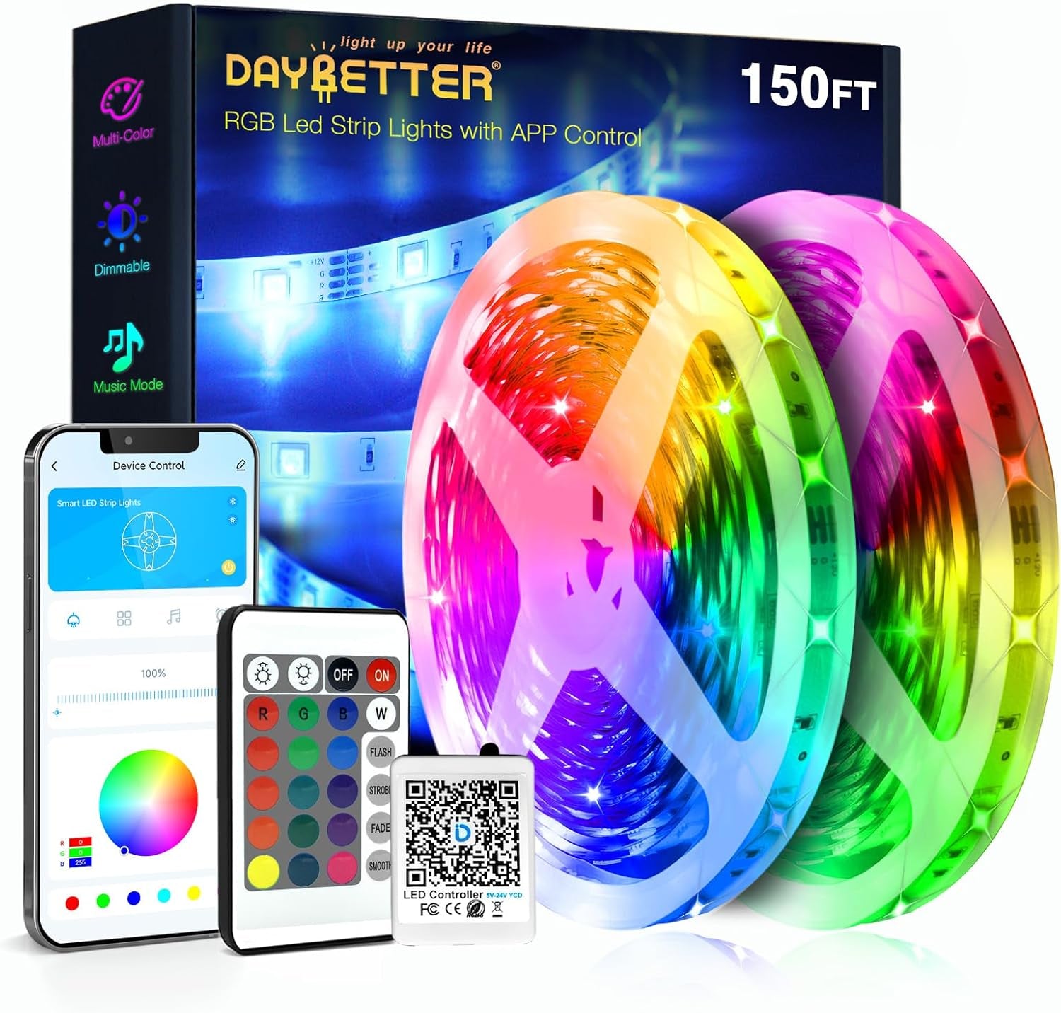 Smart Led Lights 32.8 Ft, 2835 RGB Led Strip Lights Kits with 24 Keys Remote, App Control Timer Schedule Led Music Strip Lights