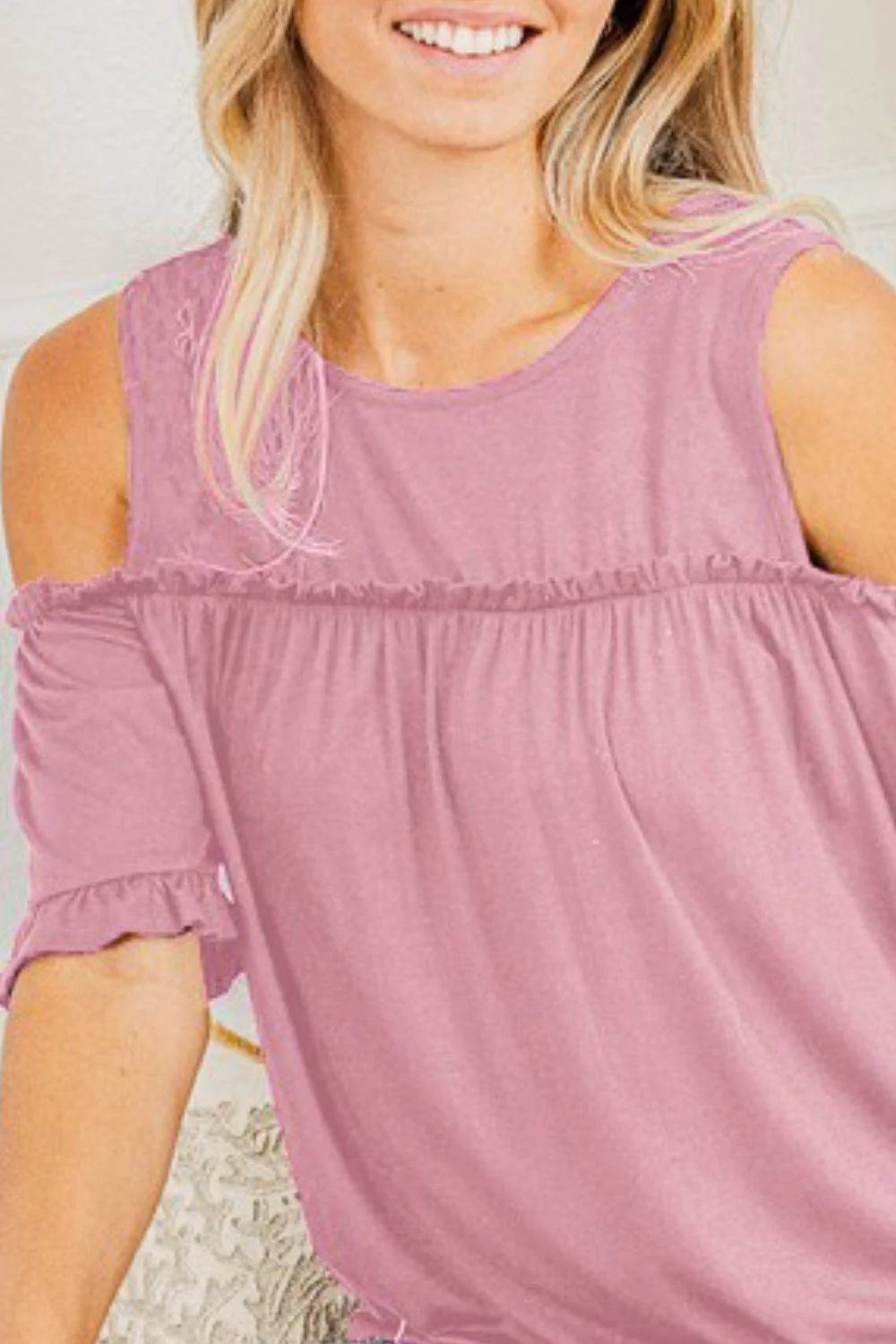 Heimish Full Size Frill round Neck Cold Shoulder T-Shirt plus Size