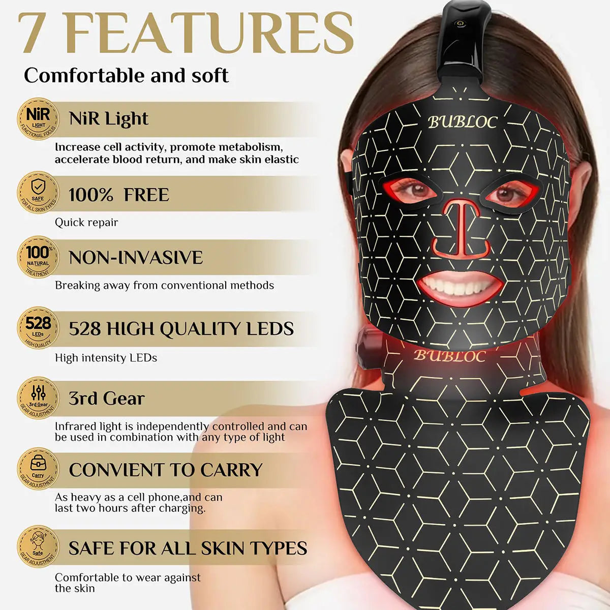 Portable Silicone LED Face Mask with Neck Red Light near Infrared Therapy anti Aging Repair Skin Brighten Skin Tone Home Use