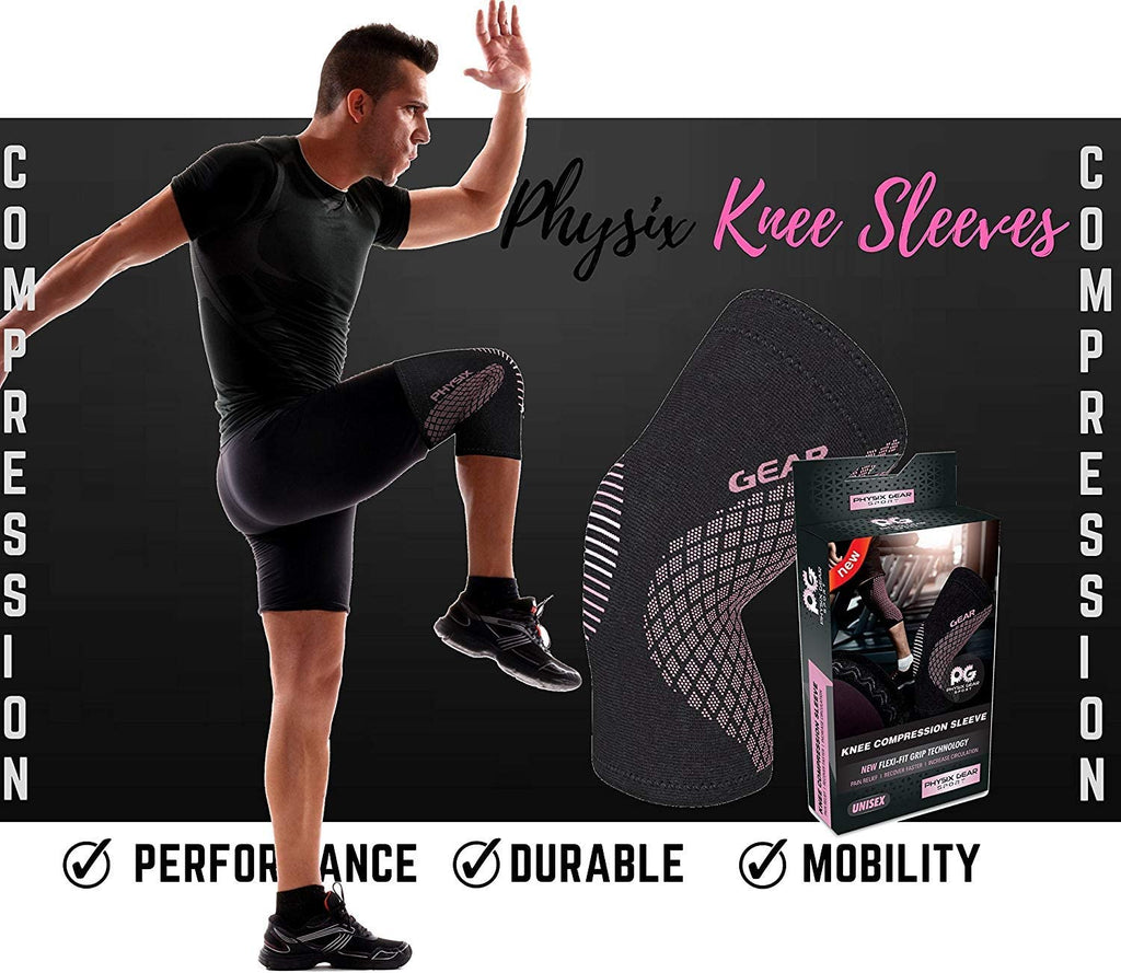 Physix Gear Knee Compression Sleeve for Men & Women - Best Compression Knee Brace for Walking, Running, Gym, Basketball, Weightlifting,Workout, Sports - Knee Sleeves Support Compression & Stability