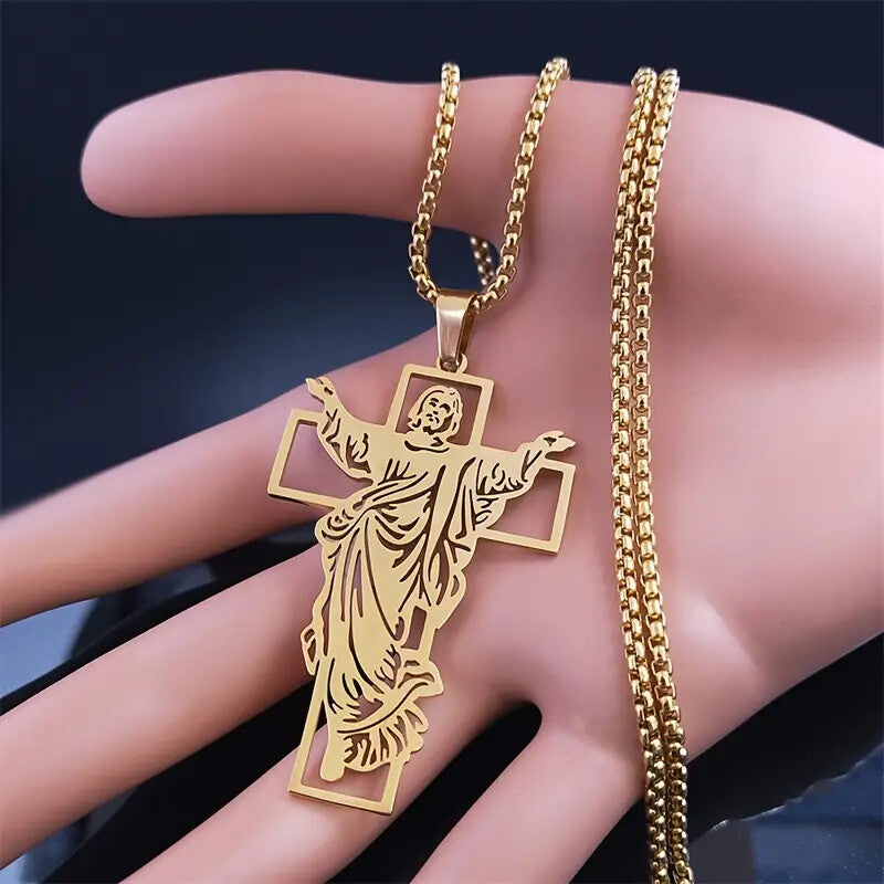 HIP HOP STAINLESS STEEL JESUS RELIGIOUS CROSS PENDANT & 24" ROLO CHAIN NECKLACE